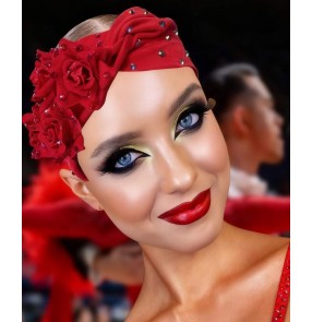 Red Latin ballroom dance rose headdress rhinestones salsa rumba chacha competition dancing head piece hair accessories